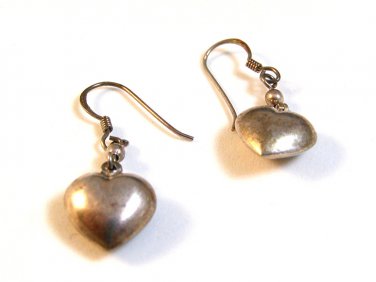 Vintage Sterling Silver Puffy Heart Dangly Pierced Earrings
