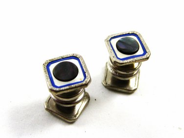 Art Deco True Vintage Silvertone Blue Ablone Cufflinks by Stag Brand 101314