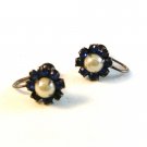 Vintage Sterling Silver & Blue Rhinestone & Pearl Earrings