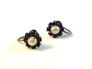 Vintage Sterling Silver & Blue Rhinestone & Pearl Earrings