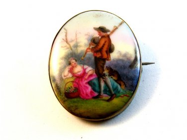 Vintage Hand Painted Porcelain Man Serenading Lady w/ Bagpipe Brooch