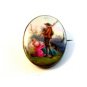 Vintage Hand Painted Porcelain Man Serenading Lady w/ Bagpipe Brooch