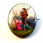 Vintage Hand Painted Porcelain Man Serenading Lady w/ Bagpipe Brooch