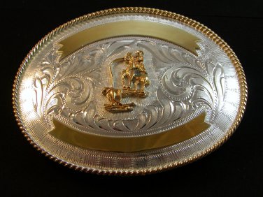 Silver & Gold 2 Tone Western Cowboy Rodeo Calf Roping Belt Buckle by Justin RBA