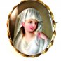 Vintage Hand Painted Porcelain Young Lady in White Brooch