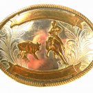 Vintage German Silver Calf Roping Rodeo 2 Tone Belt Buckle Unbranded 72015