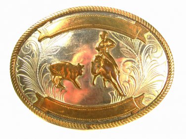 Vintage German Silver Calf Roping Rodeo 2 Tone Belt Buckle Unbranded 72015