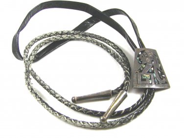 Taxco Sterling Silver Abalone Aztec Bolo with Leather Cord Signed Mexico 101714