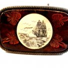 Vintage Schrimshaw Ship & Tooled Leather Belt Buckle