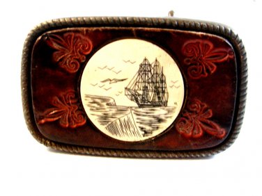 Vintage Schrimshaw Ship & Tooled Leather Belt Buckle