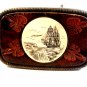 Vintage Schrimshaw Ship & Tooled Leather Belt Buckle