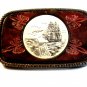 Vintage Schrimshaw Ship & Tooled Leather Belt Buckle