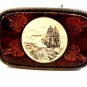 Vintage Schrimshaw Ship & Tooled Leather Belt Buckle