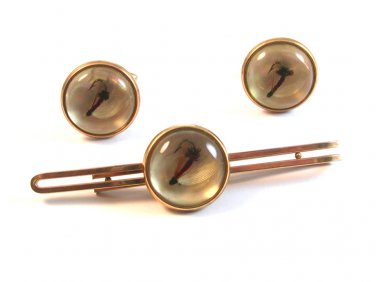 1930's - 50's Gold Tone Fly Fishing Hook Cufflinks & Tie Clasp by Krementz