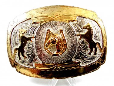 Mexican 2 Tone Horse Head In Horse Shoe Belt Buckle