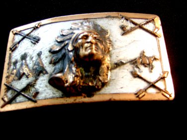 Vintage American Indian Chief Teepees Crossed Arrows Belt Buckle