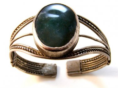 Vintage Tribal Sterling Silver Blue Green Agate Cuff Bracelet