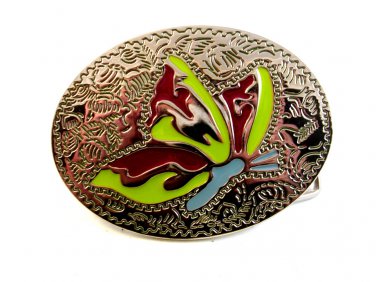Womans / Ladies Silver Tone Butterfly Enameled Western Belt Buckle