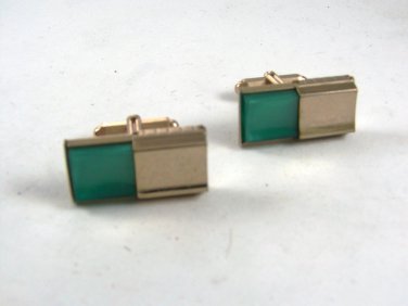 True Vintage 1950's - 70's Goldtone & Green Cufflinks Marked KRIESlER CRAFT