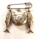Dangley Hollow Silvertone Cat's Head & 2 Fish Brooch Unbranded 62915