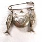 Dangley Hollow Silvertone Cat's Head & 2 Fish Brooch Unbranded 62915
