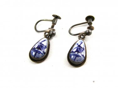 Dangley 835 Silver Blue Delft Dutch Holland WindMill Screw Back Earrings