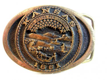 Vintage Kansas 1861 Solid Brass Belt Buckle