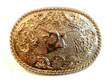 Vintage Silver Tone Western Cowboy Bull Head Belt Buckle