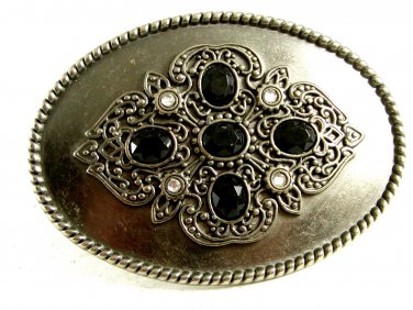 Ladies Clear & Black Rhinestones Belt Buckle Unmarked 092214