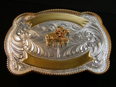 Silver & Gold 2 Tone Western Cowboy Rodeo Riding Belt Buckle by Justin