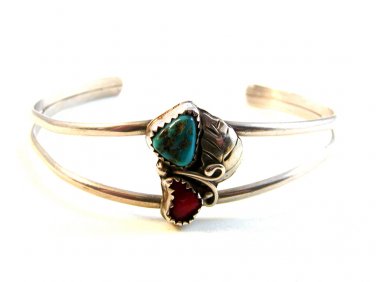 Vintage Southwest Sterling Silver & Turquoise & Coral  Cuff Bracelet