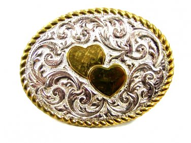 Ladies Silvertone Goldtone 2 Hearts Belt Buckle by Crumrine USA 101414