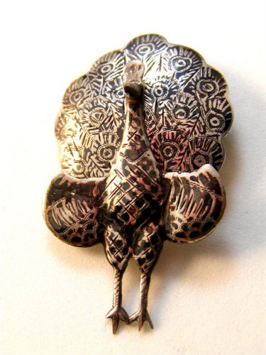 Vintage Siam Sterling Black Niello Enamel Peacock Brooch