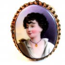 Vintage Hand Painted Porcelain Young Lady w/ Gold Necklace Brooch
