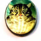 Vintage Signed K. M. 1892 Enameled Wood Hand Painted Cat Brooch