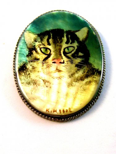 Vintage Signed K. M. 1892 Enameled Wood Hand Painted Cat Brooch