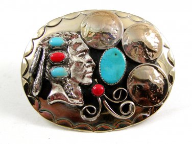 Southwest Handcrafted Indian Head 3 Nickles Coral Turquoise Belt Buckle USA