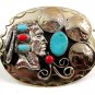 Southwest Handcrafted Indian Head 3 Nickles Coral Turquoise Belt Buckle USA