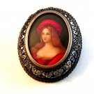 Vintage Miniature 800 Silver Hand Painted Portrait of a Lady Brooch