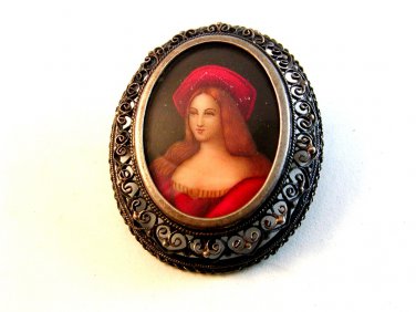 Vintage Miniature 800 Silver Hand Painted Portrait of a Lady Brooch