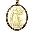 Goldtone White Molded Glass of Greek Lady With Doves Pendant Unmarked 102014