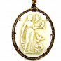 Goldtone White Molded Glass of Greek Lady With Doves Pendant Unmarked 102014