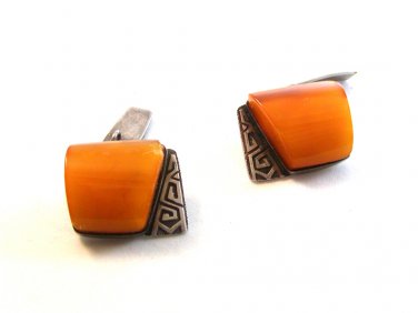 Vintage Signed 875 Silver Baltic Amber Russian Cufflinks