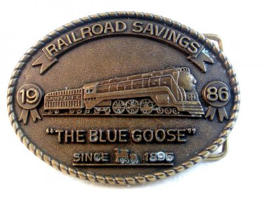 Vintage 1986 Railroad Savings The Blue Goose Train Locomotive Belt Buckle