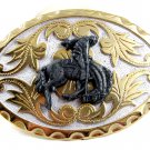 Western Goldtone White Cowboy Riding Broncho Belt Buckle #102113
