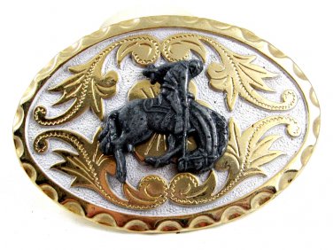 Western Goldtone White Cowboy Riding Broncho Belt Buckle #102113
