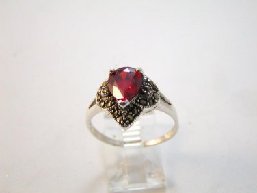 Vintage Sterling Silver red stone  Marcasites Ring 9