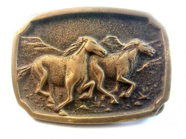 Vintage Wild Running Horses Belt Buckle Signed B.T.S. Made in U.S.A.
