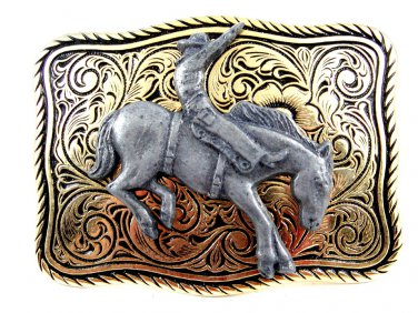 Made in USA Western Goldtone Black Cowboy on Broncho Belt Buckle #102113m
