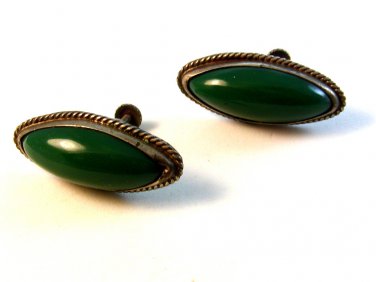 Vintage Mexican Silver & Green Jade or Onyx Screw Back Earrings